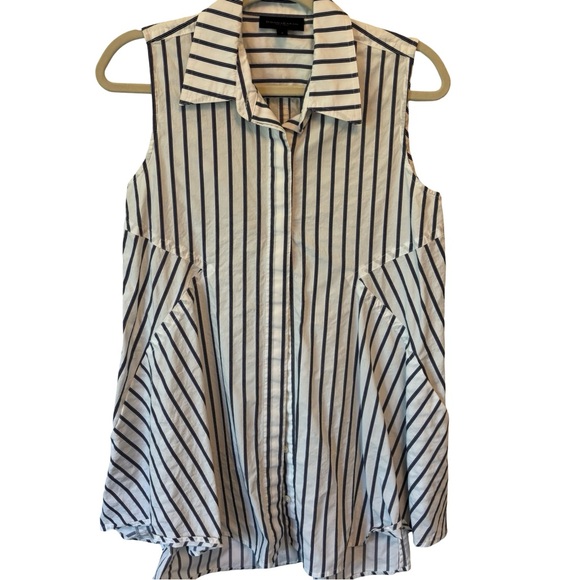Dkny Classic Blue Stripe Sleeveless Button Front Asymmetrical Tunic Top Sz Small - Picture 1 of 11